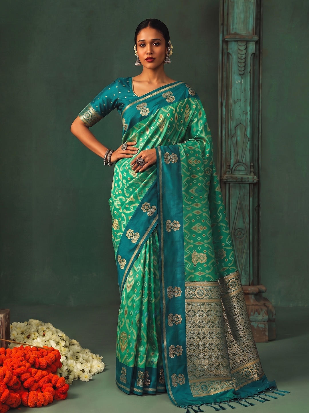 Teal Geometric Woven Designer Silk Saree