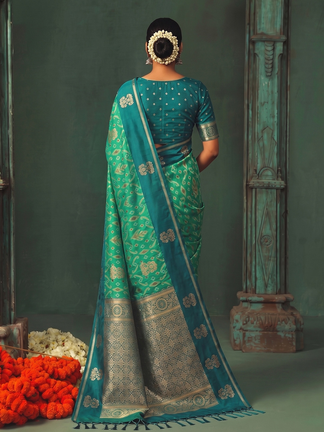 Teal Geometric Woven Designer Silk Saree — alternate view