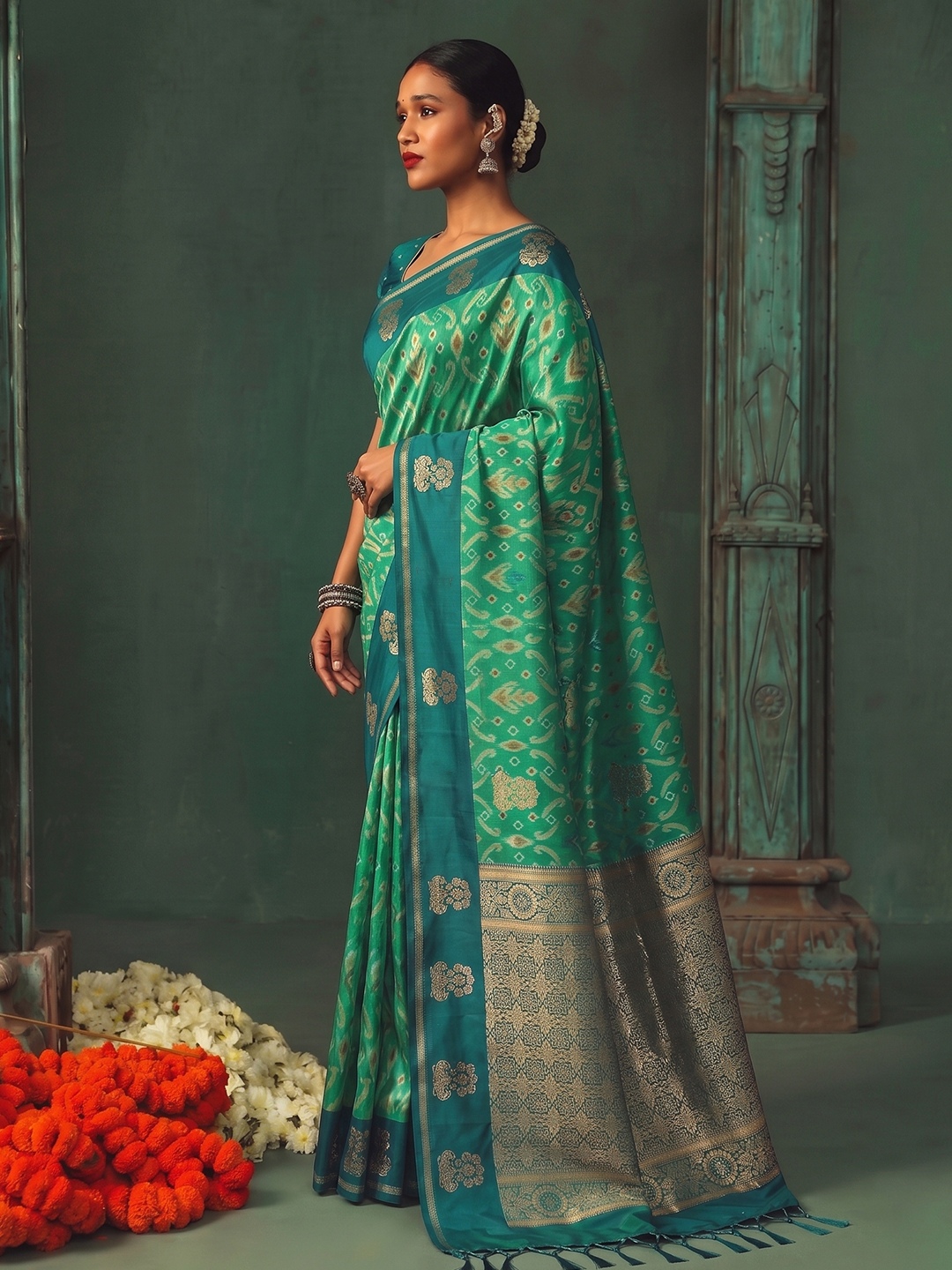 Teal Geometric Woven Designer Silk Saree