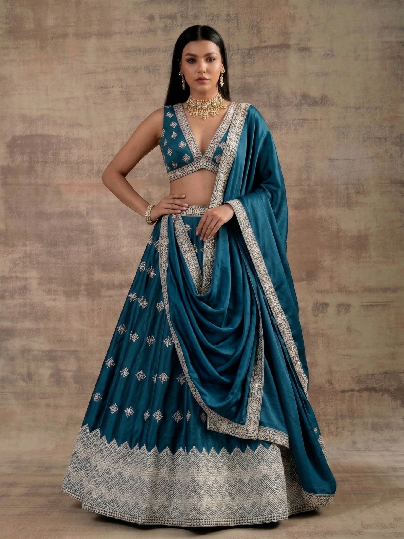 Teal Geometric Zari Satin Umbrella Lehenga