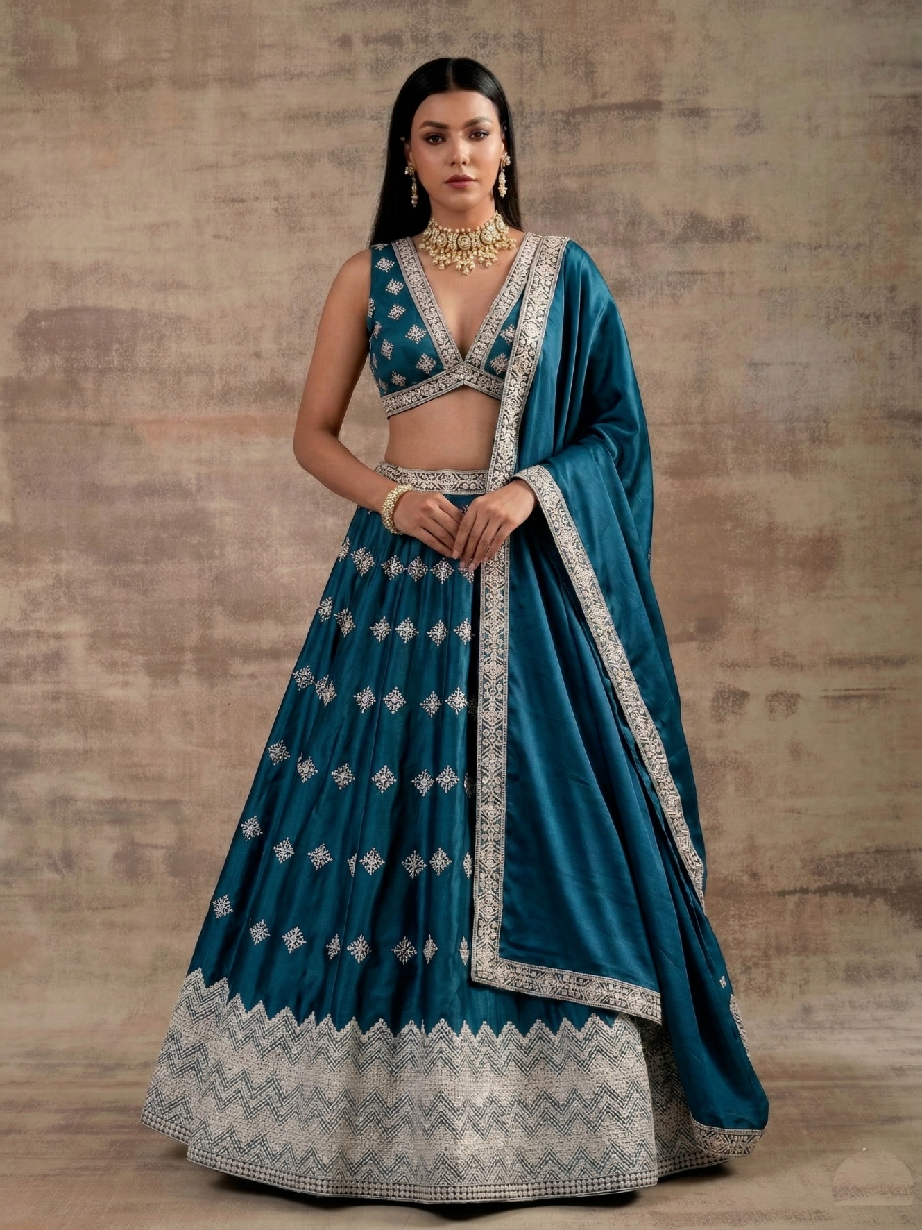 Teal Geometric Zari Satin Umbrella Lehenga — alternate view
