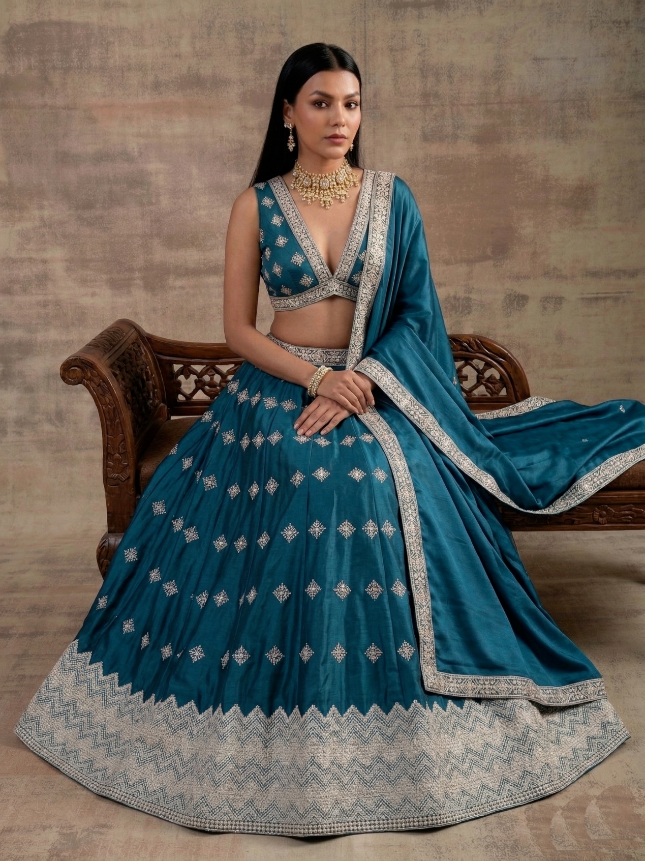 Teal Geometric Zari Satin Umbrella Lehenga