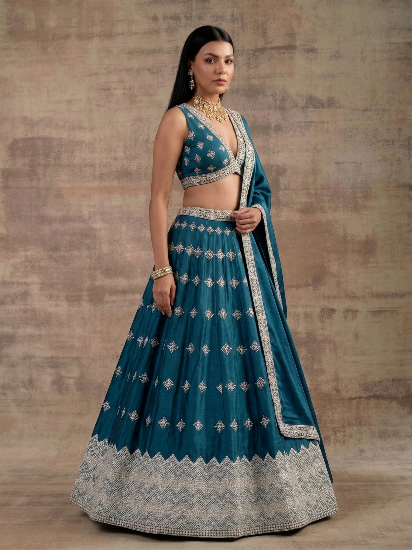 Teal Geometric Zari Satin Umbrella Lehenga