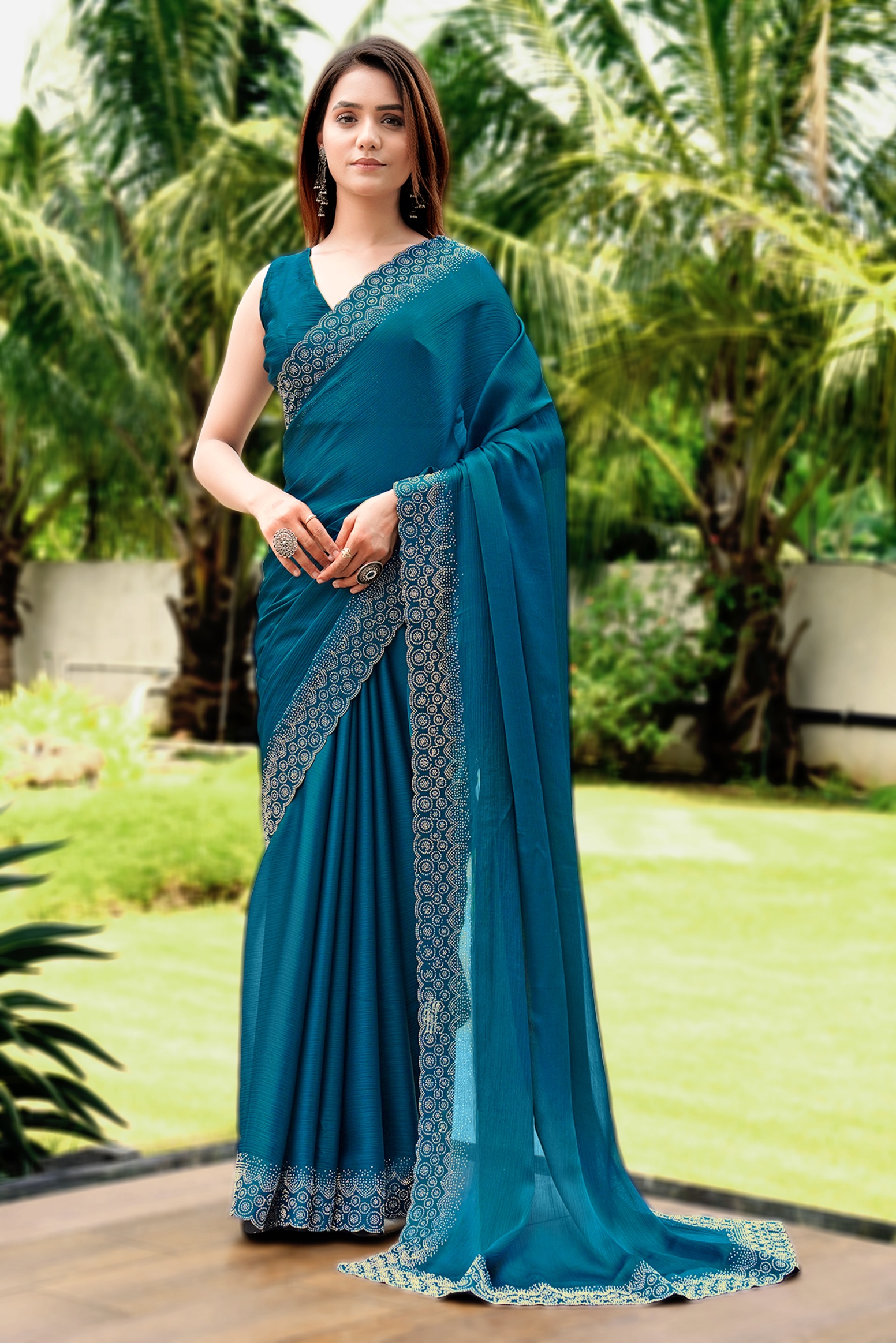 Teal Georgette Cutwork Diamond Minimal Border Designer Saree