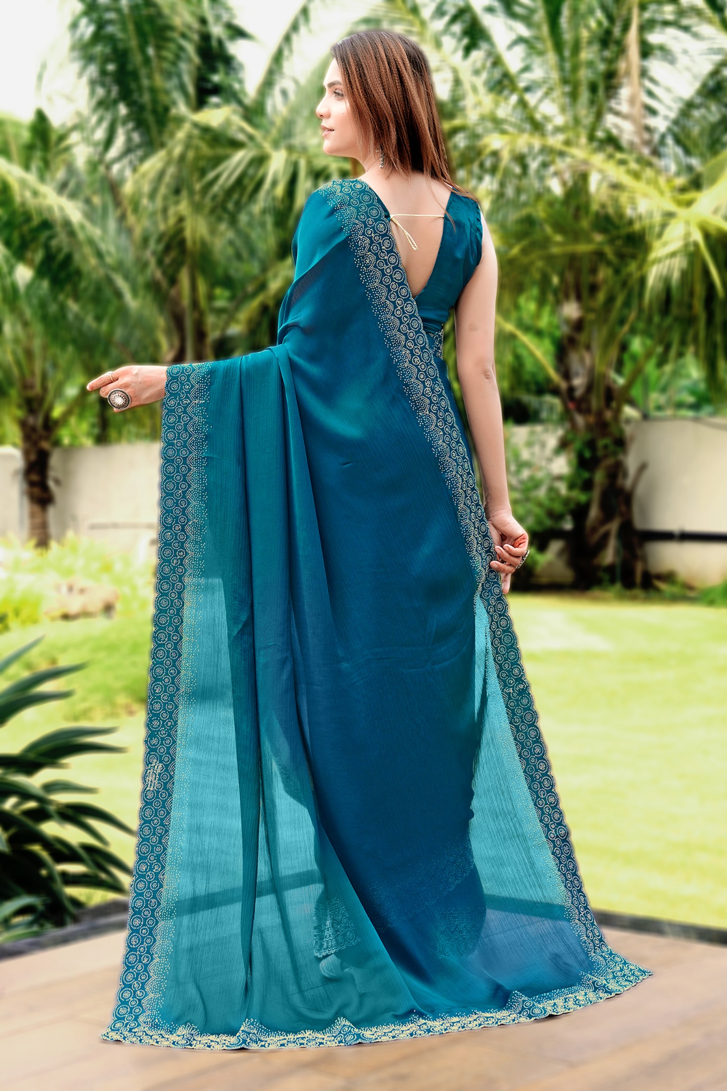 Teal Georgette Cutwork Diamond Minimal Border Designer Saree — alternate view