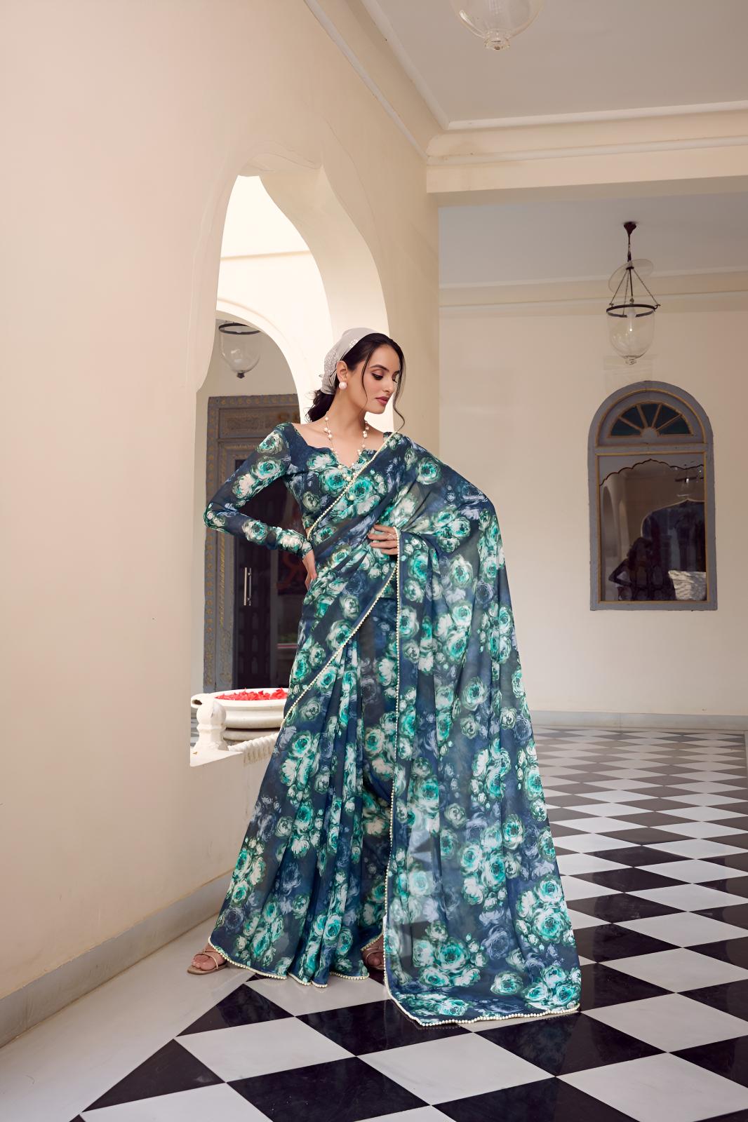 Teal Georgette Floral Printed Ready To Wear Saree
