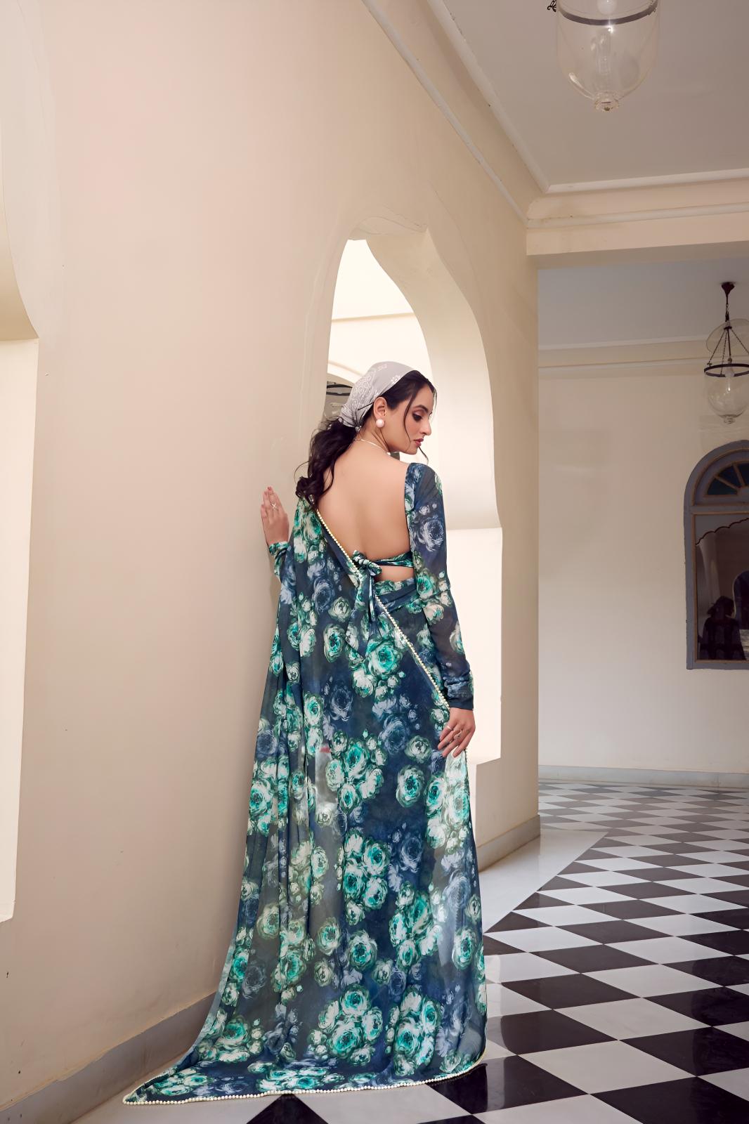 Teal Georgette Floral Printed Ready To Wear Saree — alternate view