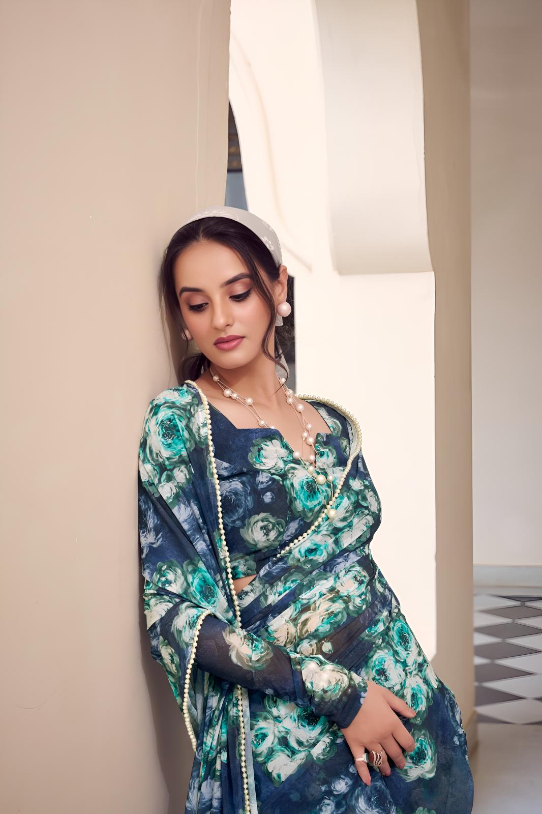 Teal Georgette Floral Printed Ready To Wear Saree