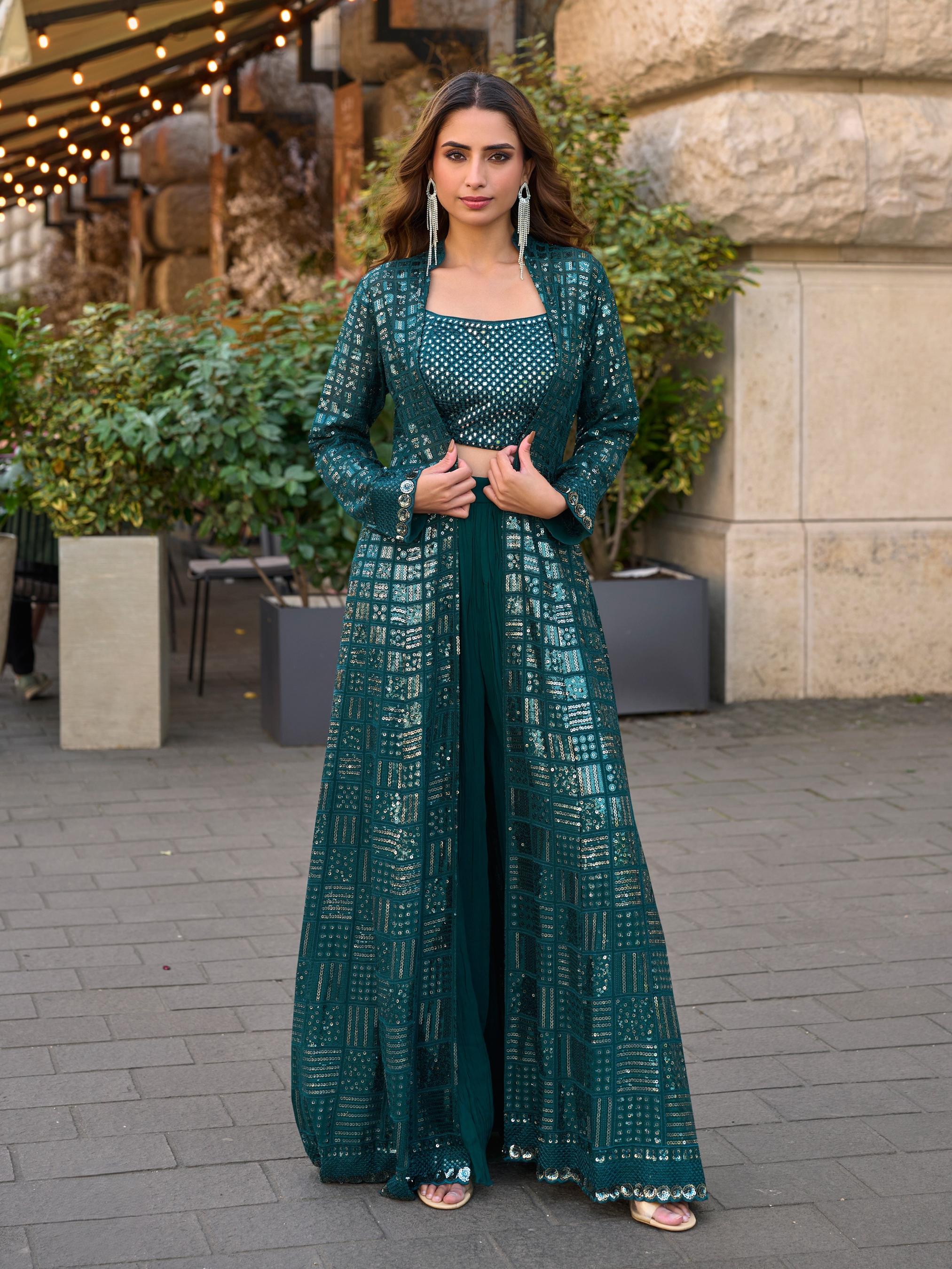 Teal Georgette Sequin Embroidered Indo-Western Jacket Palazzo Set
