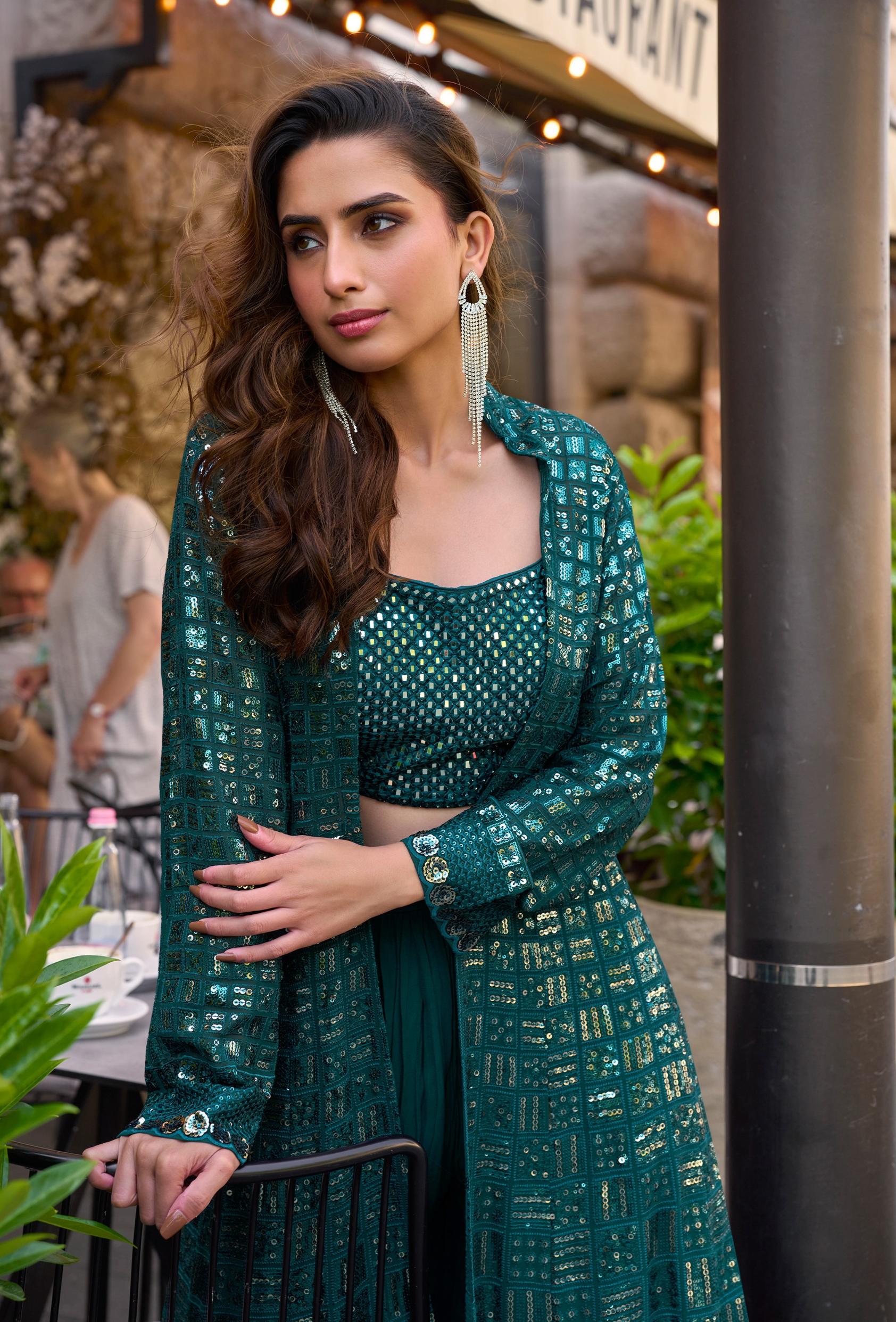 Teal Georgette Sequin Embroidered Indo-Western Jacket Palazzo Set