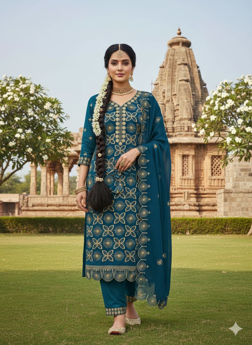 Teal Georgette Swarovski Embroidered Salwar Suit