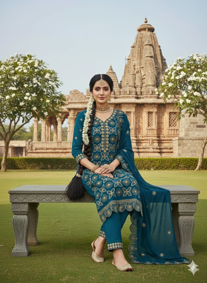 Teal Georgette Swarovski Embroidered Salwar Suit — alternate view