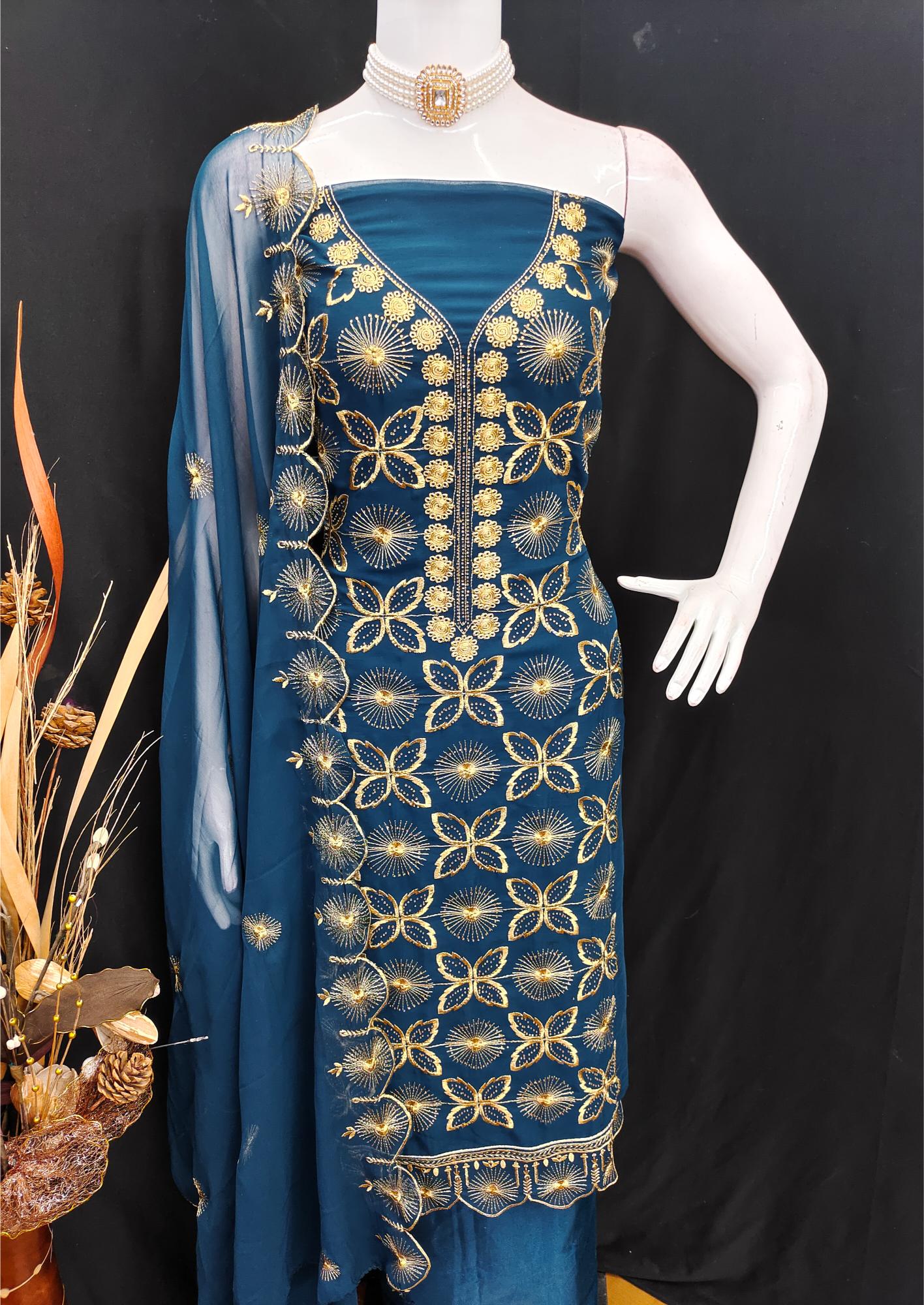 Teal Georgette Swarovski Embroidered Salwar Suit