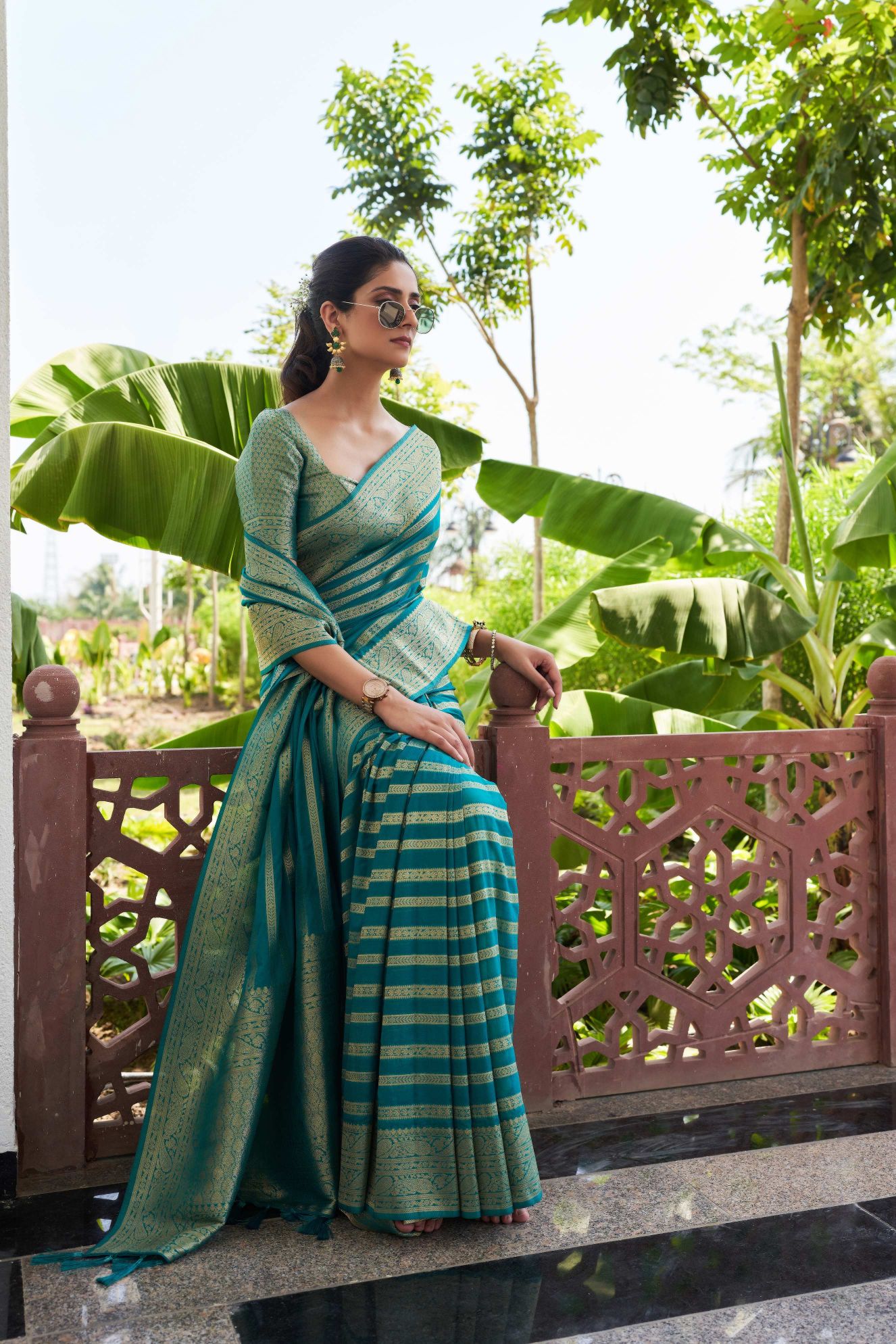 Teal Georgette Zari Striped Saree — alternate view