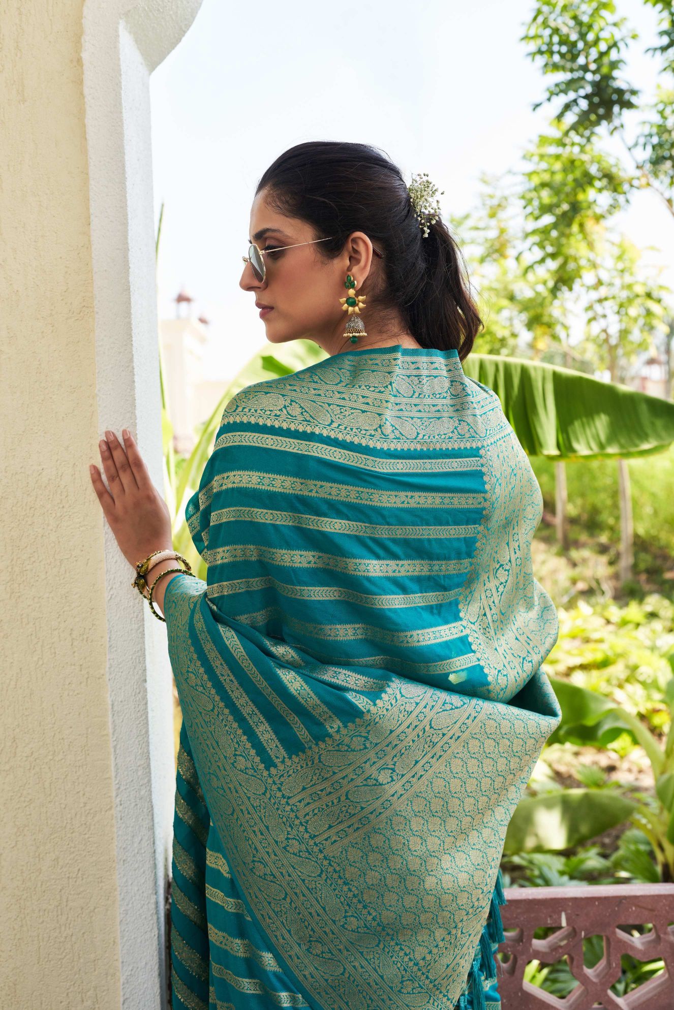 Teal Georgette Zari Striped Saree