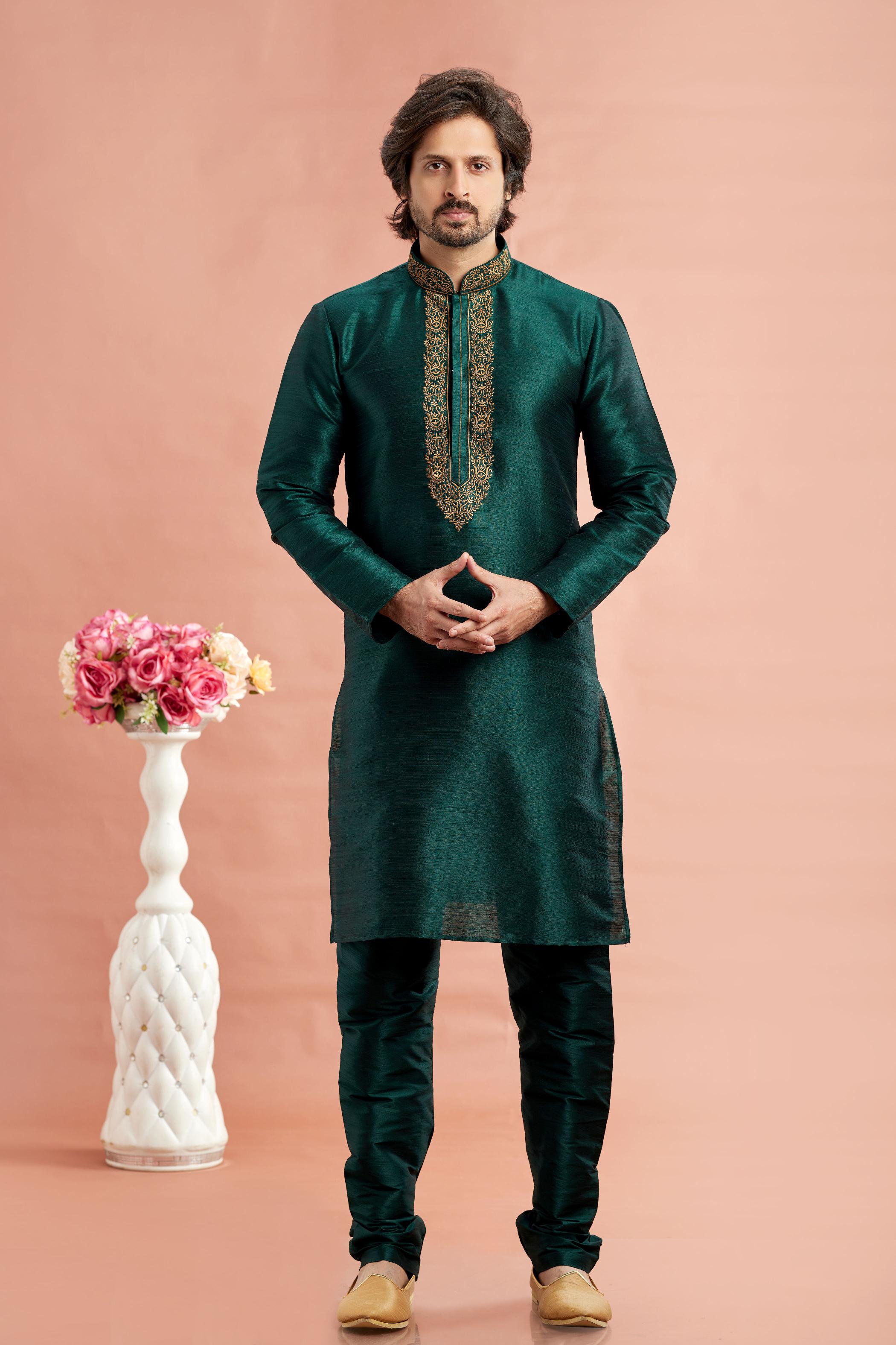 Teal Green Banarasi Silk Embroidered Kurta Pyjama