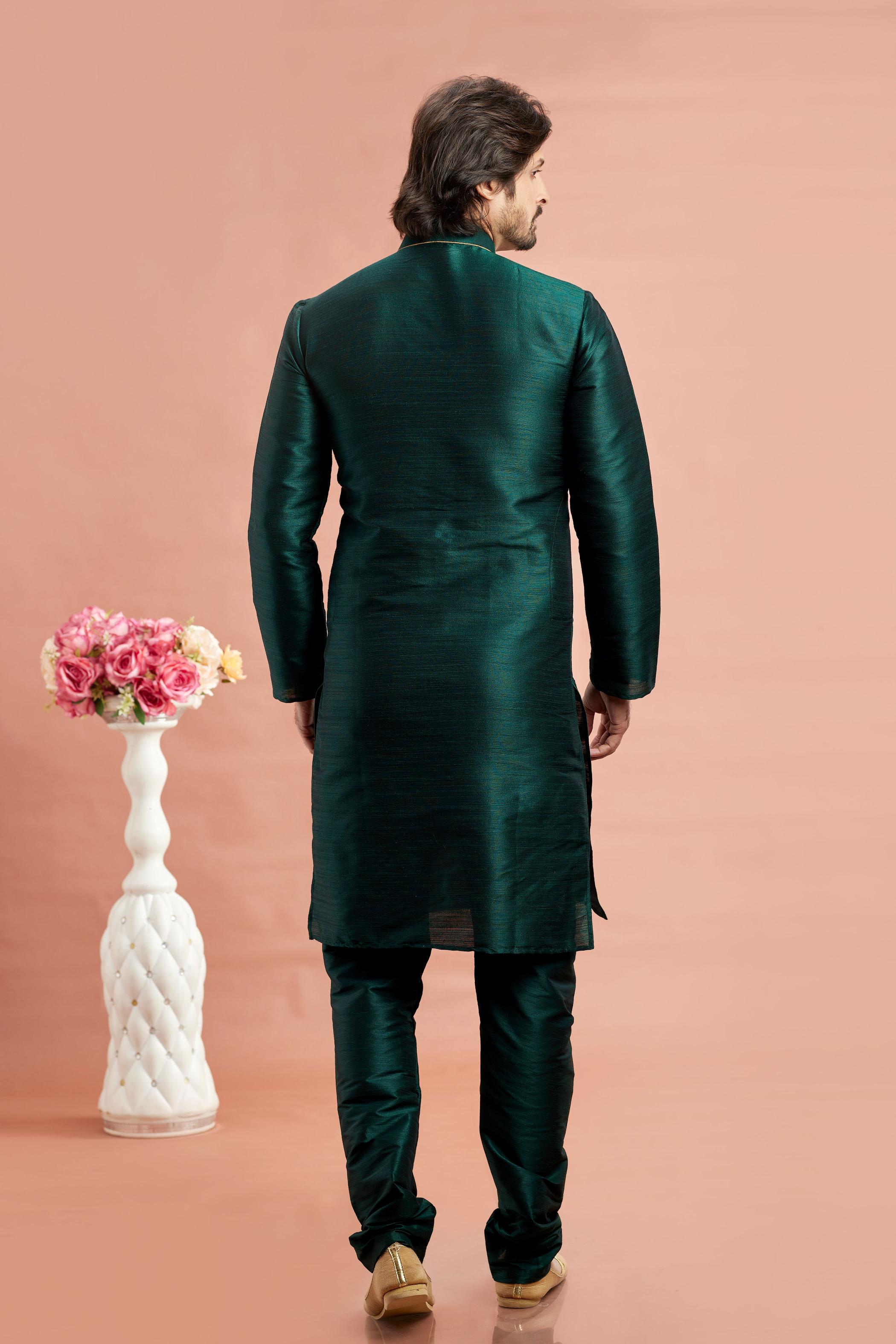 Teal Green Banarasi Silk Embroidered Kurta Pyjama — alternate view