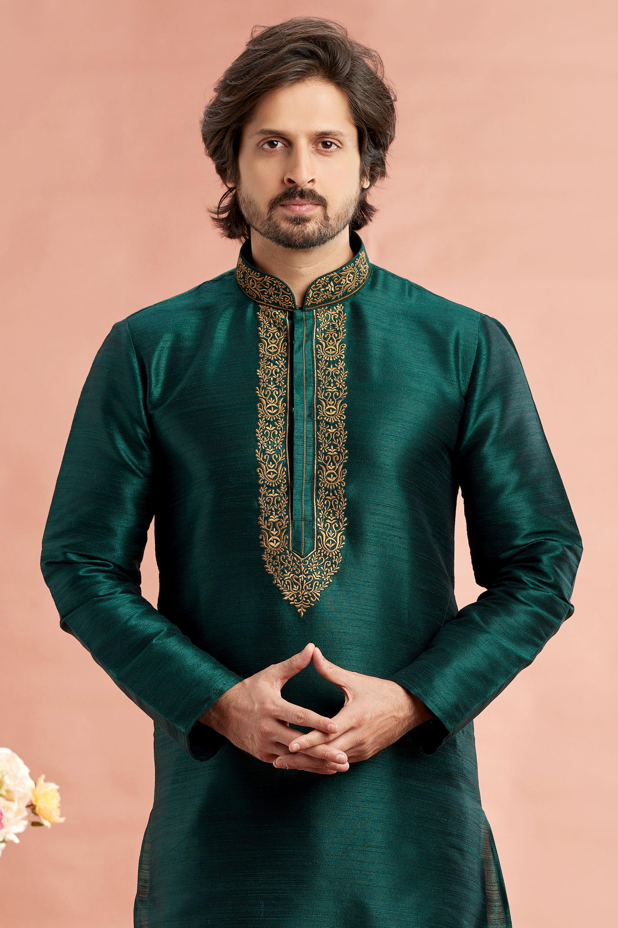 Teal Green Banarasi Silk Embroidered Kurta Pyjama
