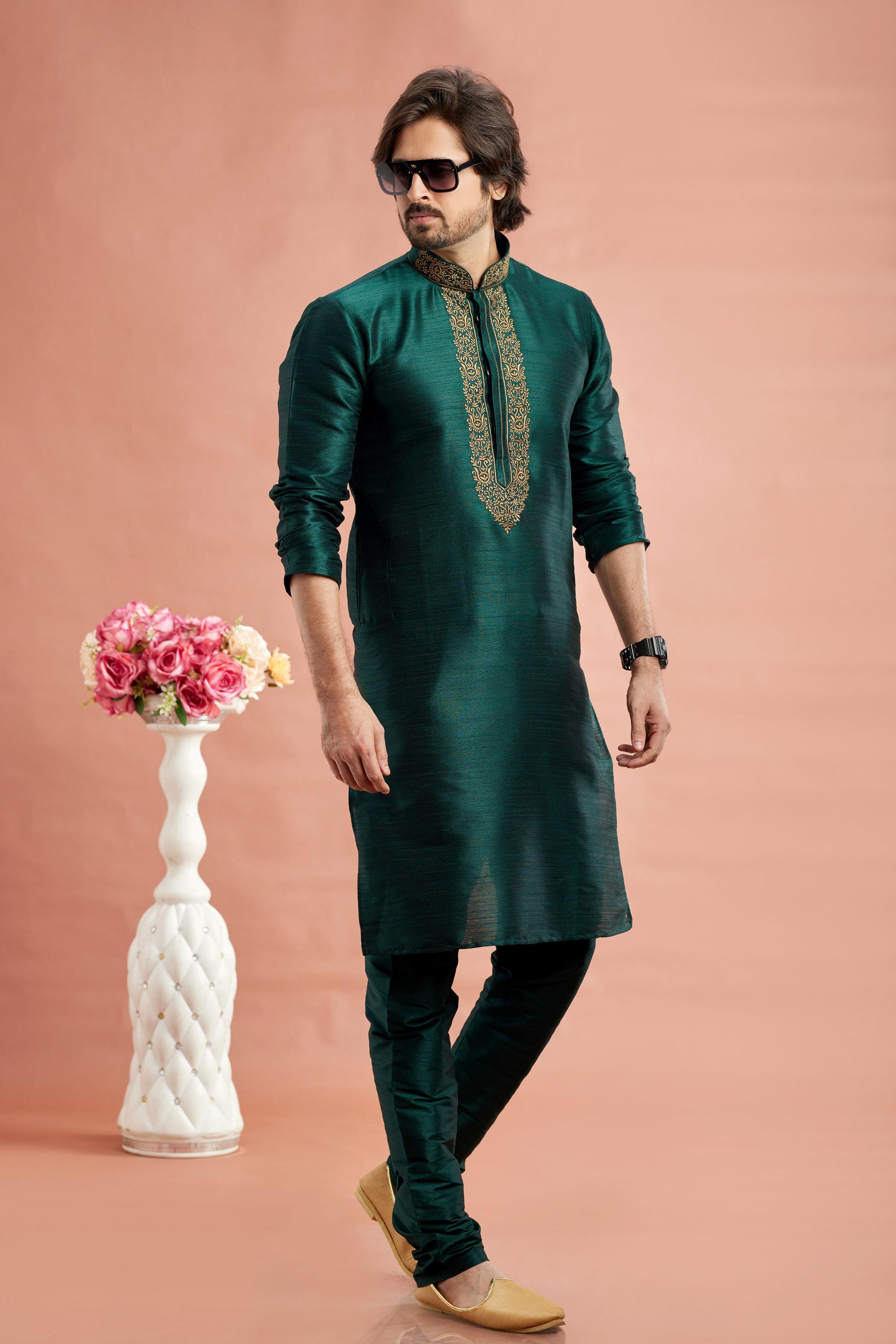 Teal Green Banarasi Silk Embroidered Kurta Pyjama