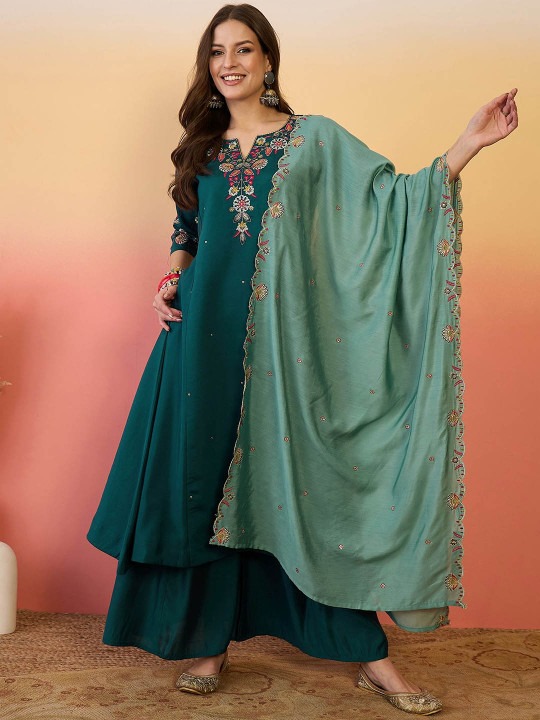 Teal Green Chanderi Silk Embroidered Palazzo Suit