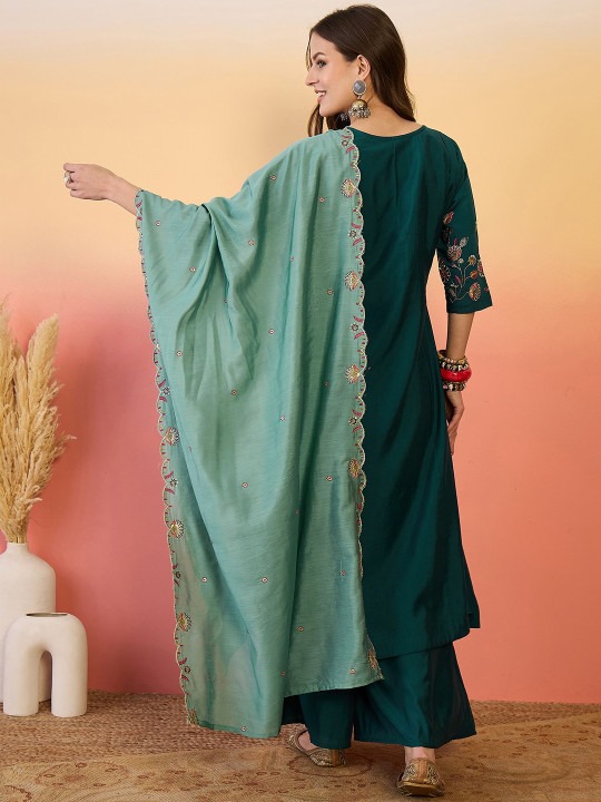 Teal Green Chanderi Silk Embroidered Palazzo Suit — alternate view