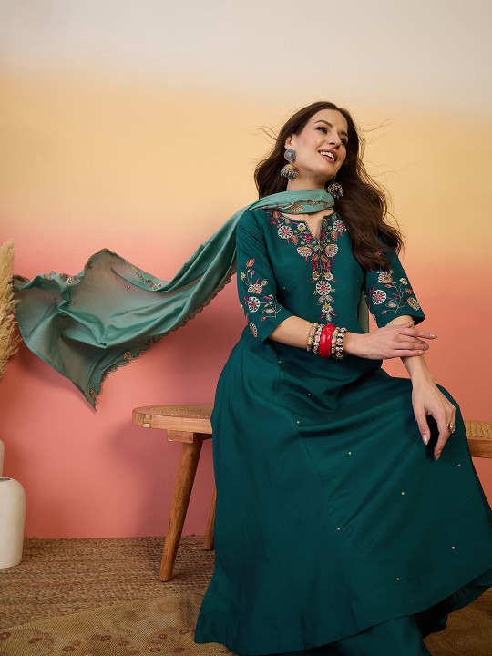 Teal Green Chanderi Silk Embroidered Palazzo Suit