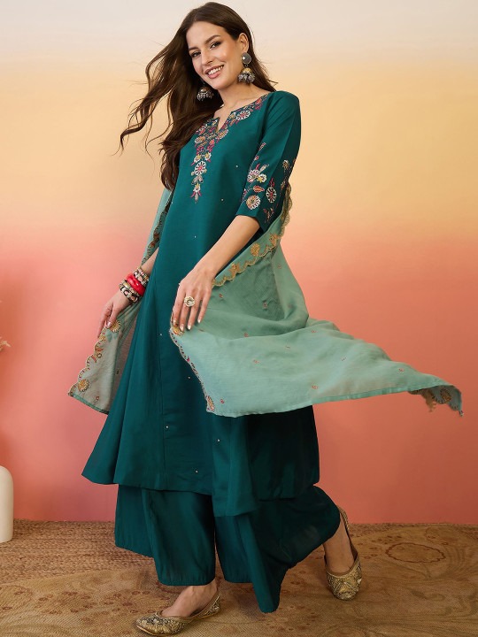 Teal Green Chanderi Silk Embroidered Palazzo Suit
