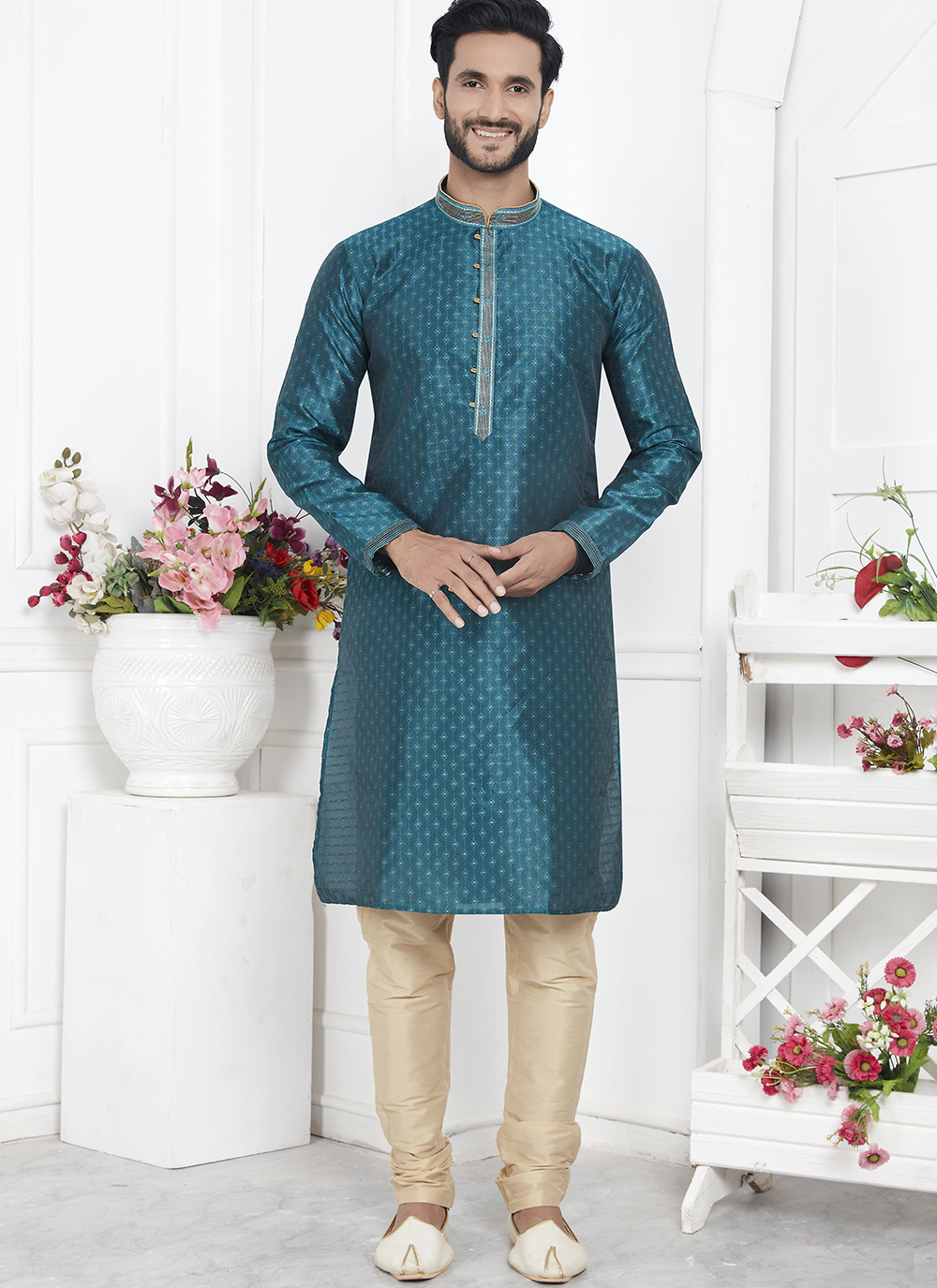Teal Green Embroidered Kurta Pyjama
