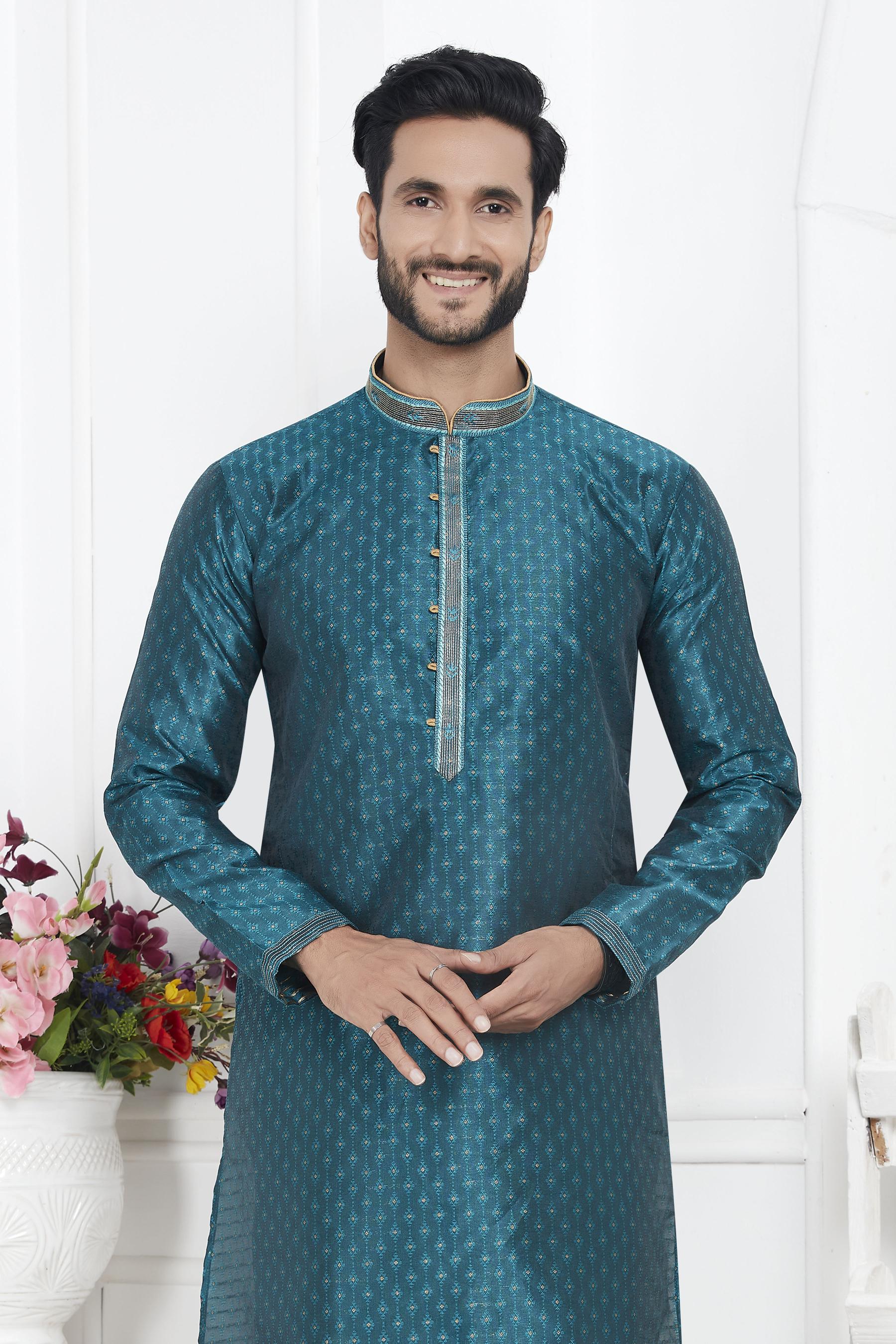 Teal Green Embroidered Kurta Pyjama