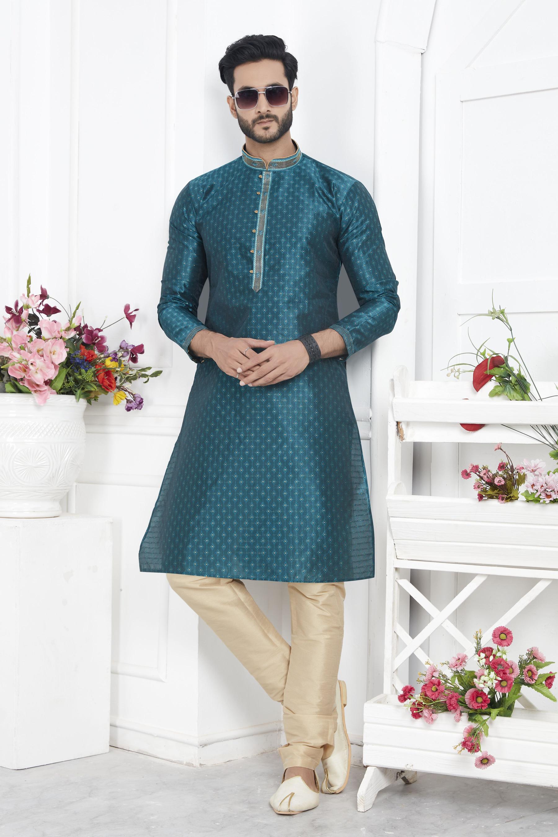 Teal Green Embroidered Kurta Pyjama