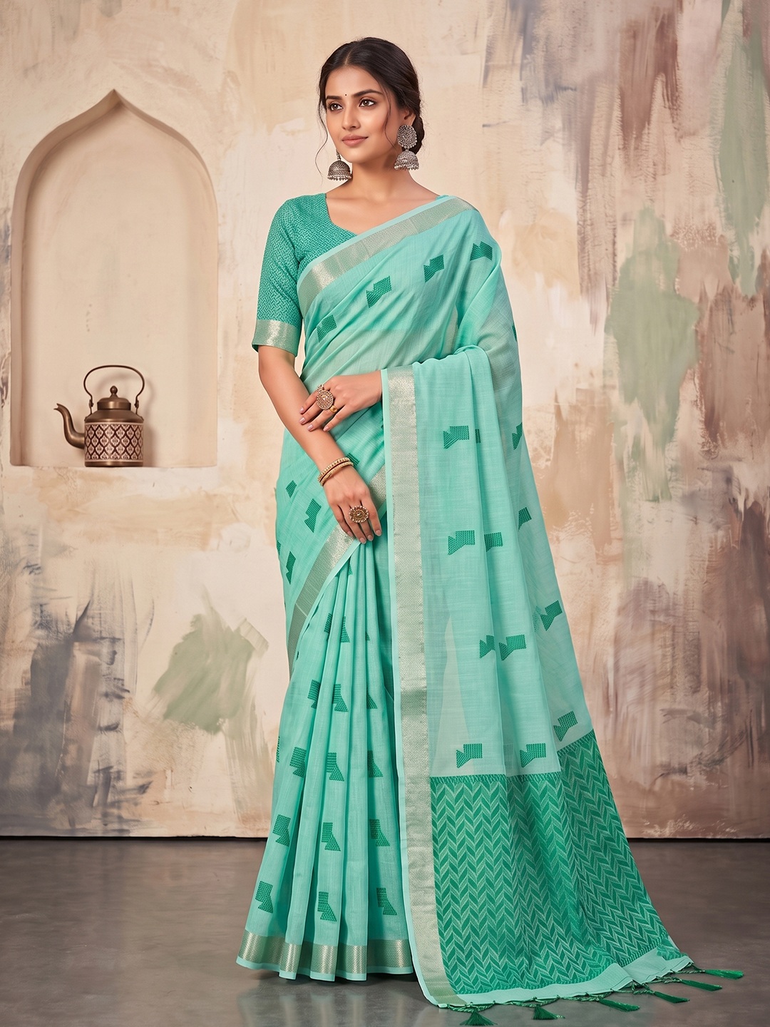 Teal Green Geometric Woven Linen Saree