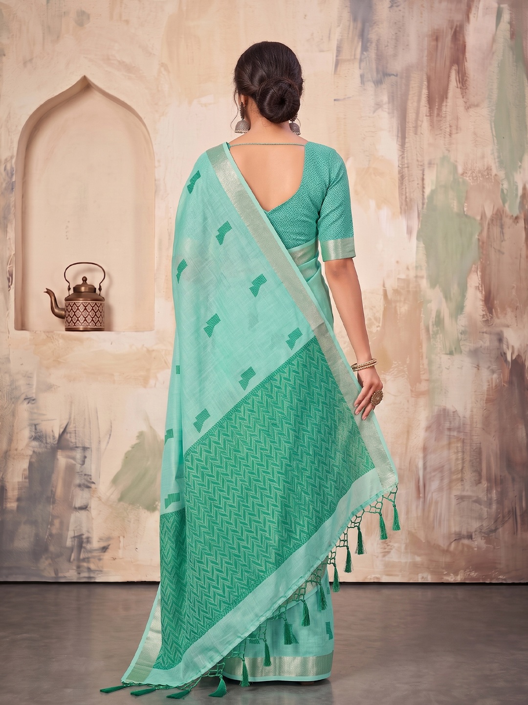 Teal Green Geometric Woven Linen Saree — alternate view