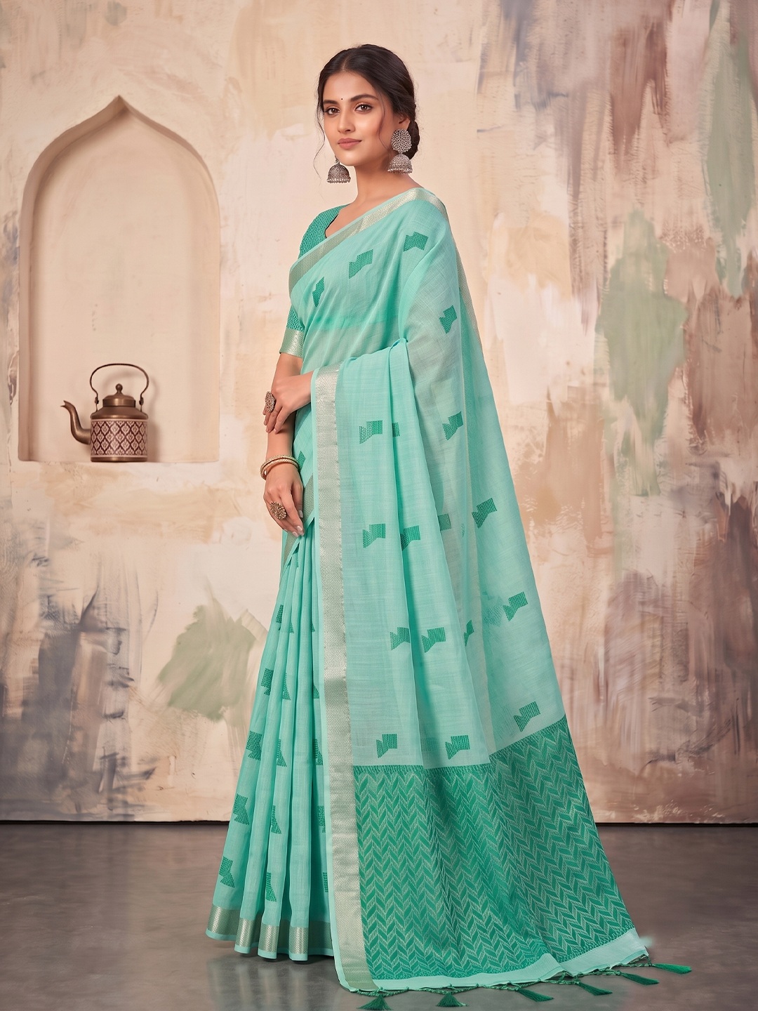 Teal Green Geometric Woven Linen Saree