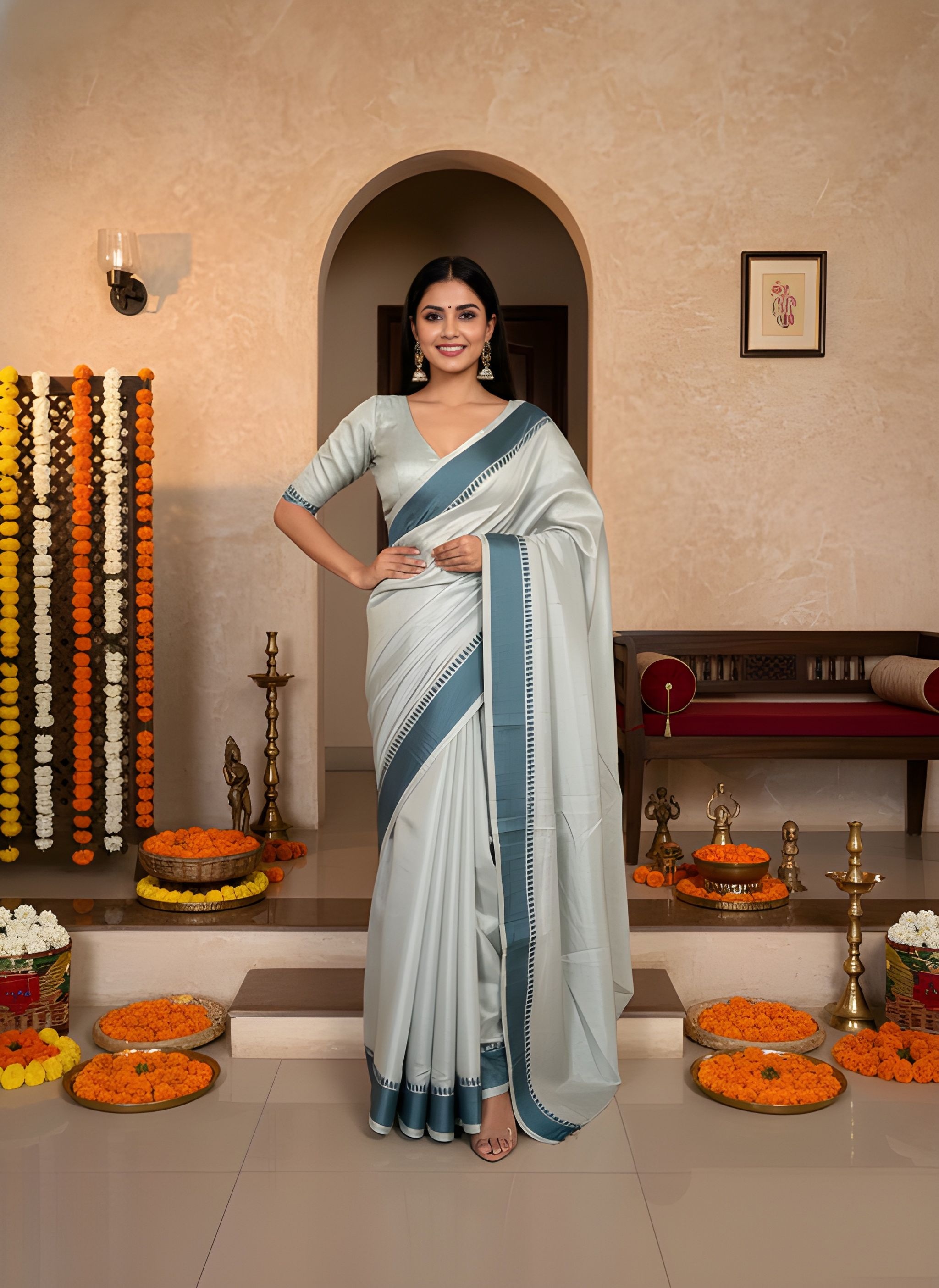 Teal Green Solid Woven Manipuri Kalam Saree