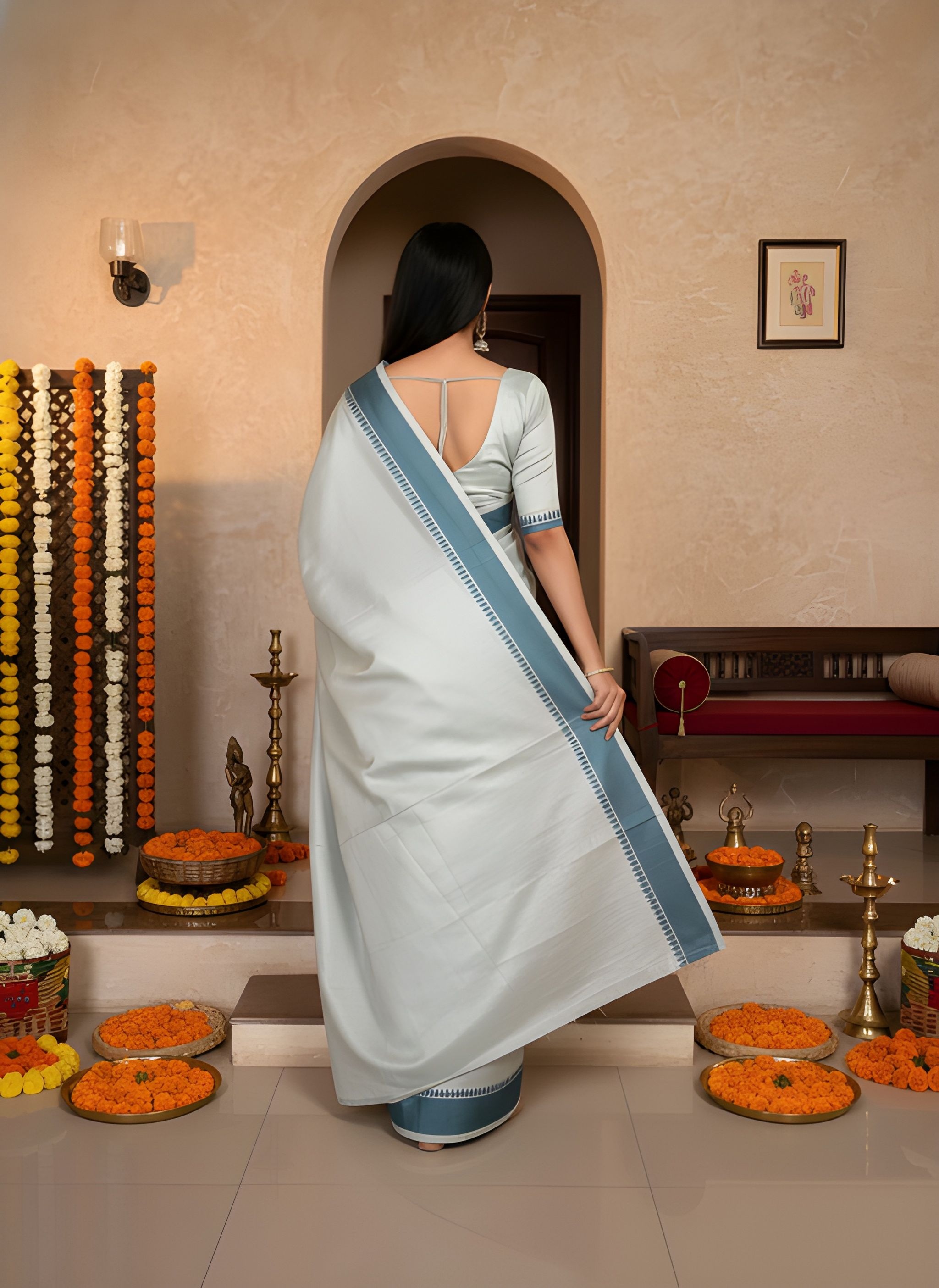 Teal Green Solid Woven Manipuri Kalam Saree — alternate view