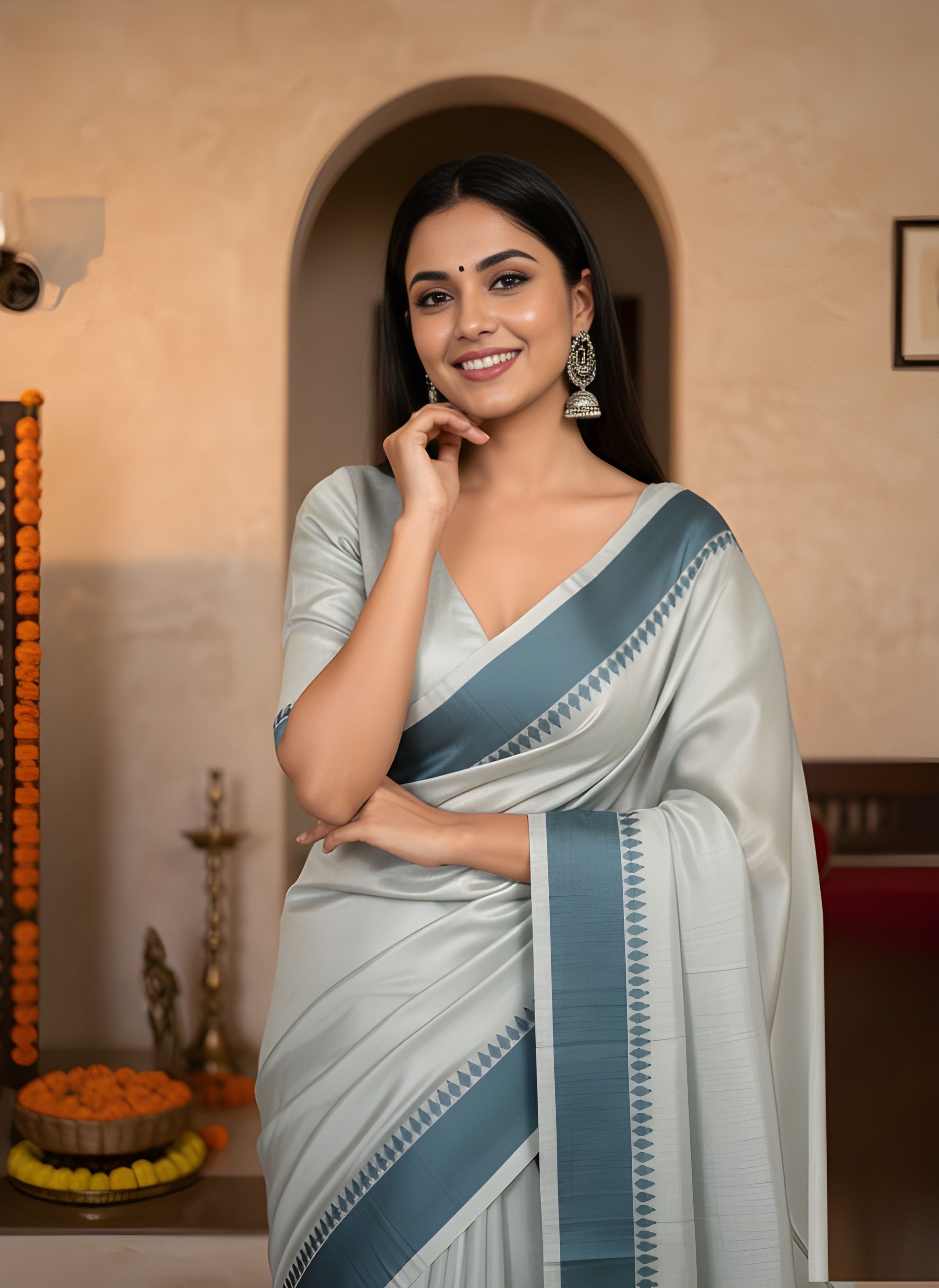 Teal Green Solid Woven Manipuri Kalam Saree