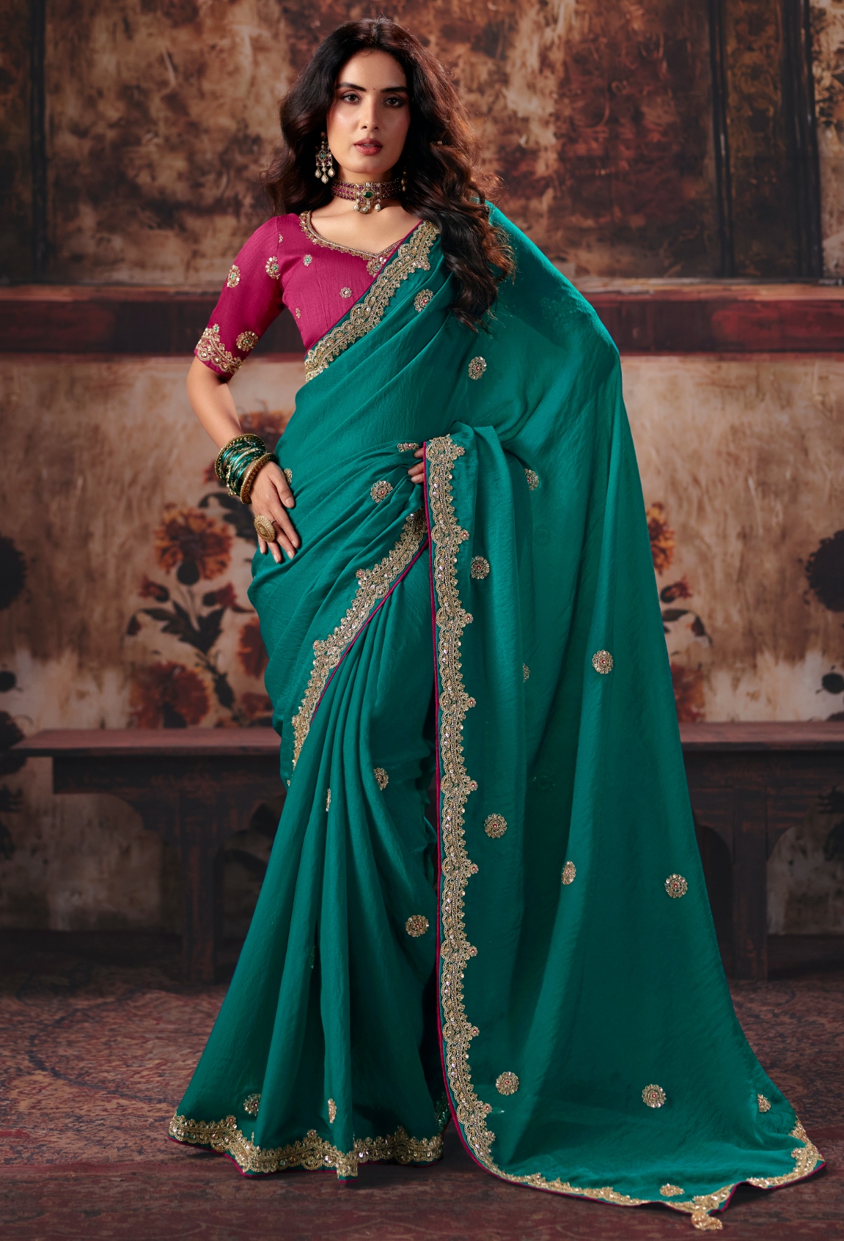 Teal Hand Work Bemberg Saree