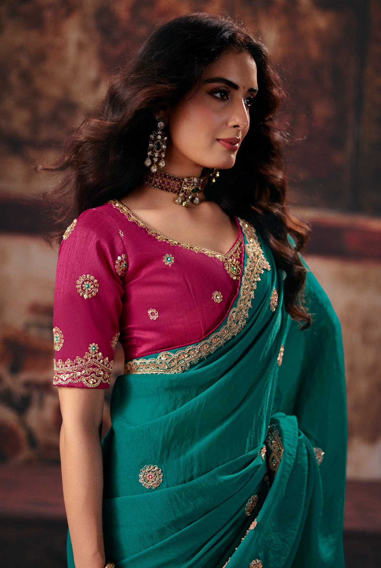 Teal Hand Work Bemberg Saree