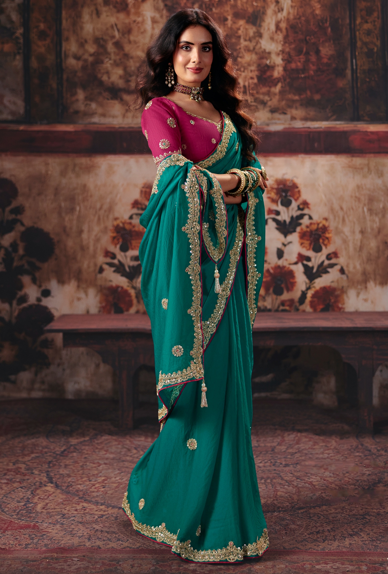 Teal Hand Work Bemberg Saree