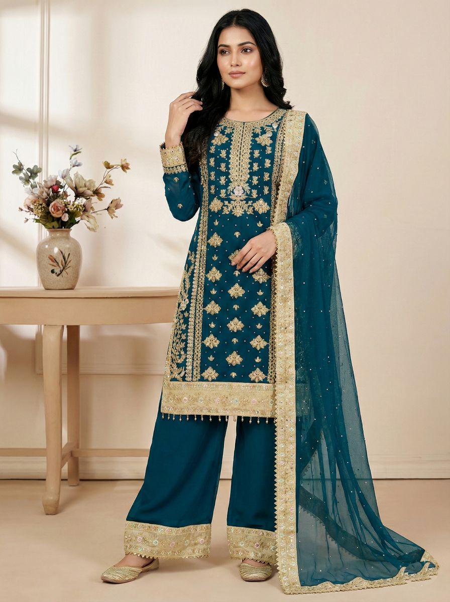 Teal Heavy Embroidered Heavy Georgette Sharara Suit with Rivet Moti Work