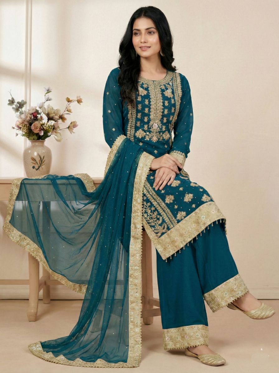 Teal Heavy Embroidered Heavy Georgette Sharara Suit with Rivet Moti Work — alternate view