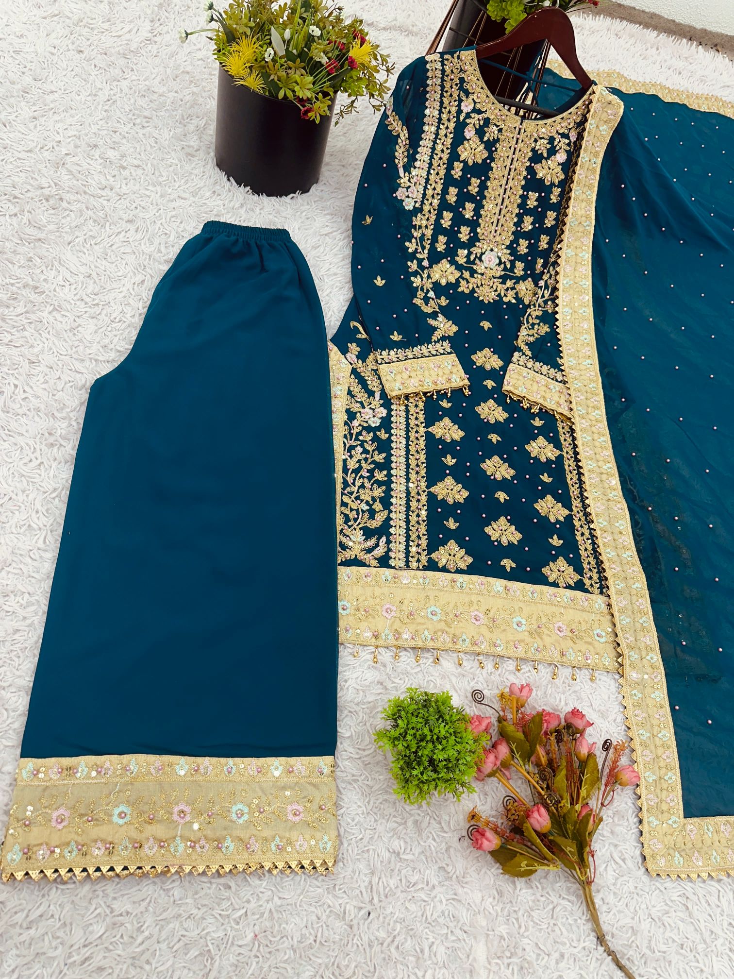 Teal Heavy Embroidered Heavy Georgette Sharara Suit with Rivet Moti Work