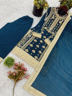 Teal Heavy Embroidered Heavy Georgette Sharara Suit with Rivet Moti Work