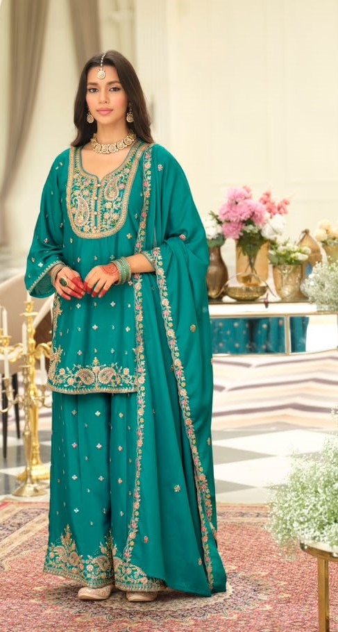 Teal Heavy Embroidery Chinon Palazzo Suit