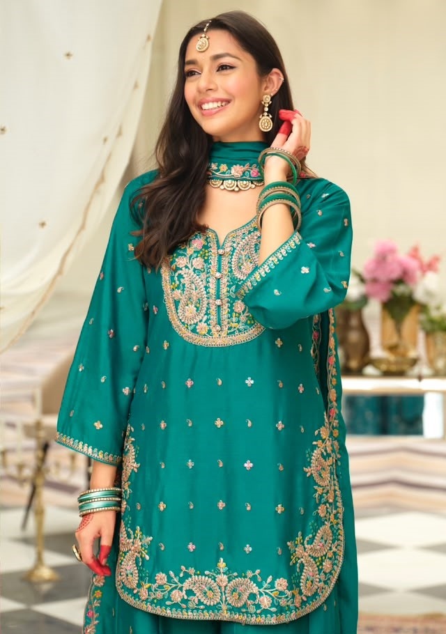 Teal Heavy Embroidery Chinon Palazzo Suit — alternate view