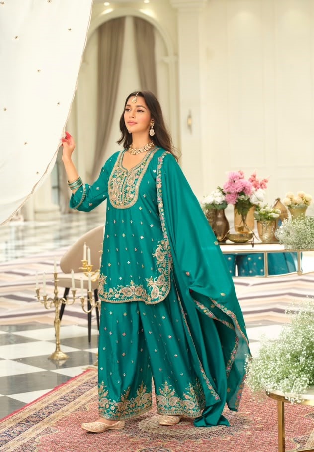 Teal Heavy Embroidery Chinon Palazzo Suit