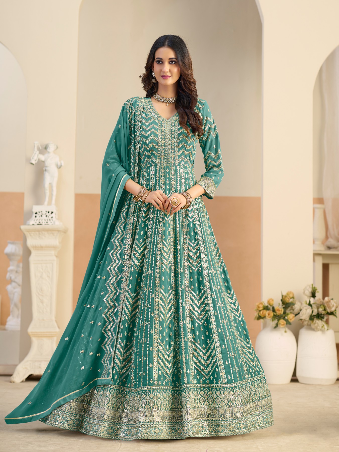 Teal Heavy Embroidery Faux Georgette Anarkali Suit