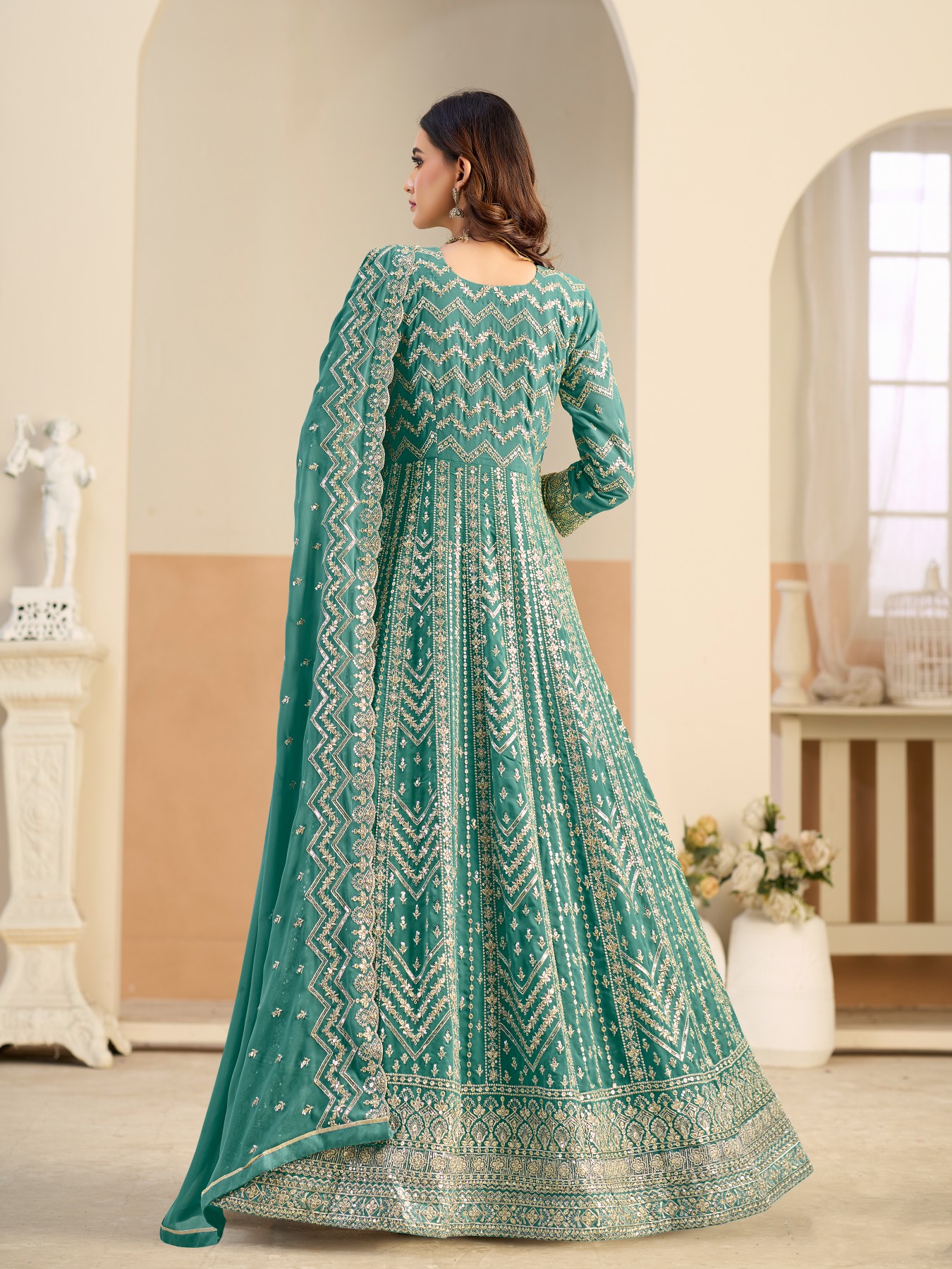Teal Heavy Embroidery Faux Georgette Anarkali Suit — alternate view