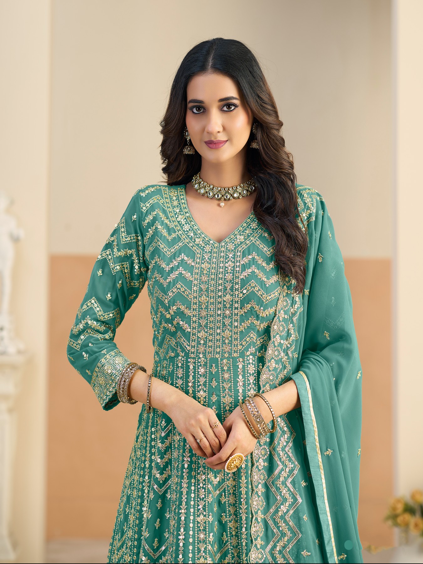 Teal Heavy Embroidery Faux Georgette Anarkali Suit
