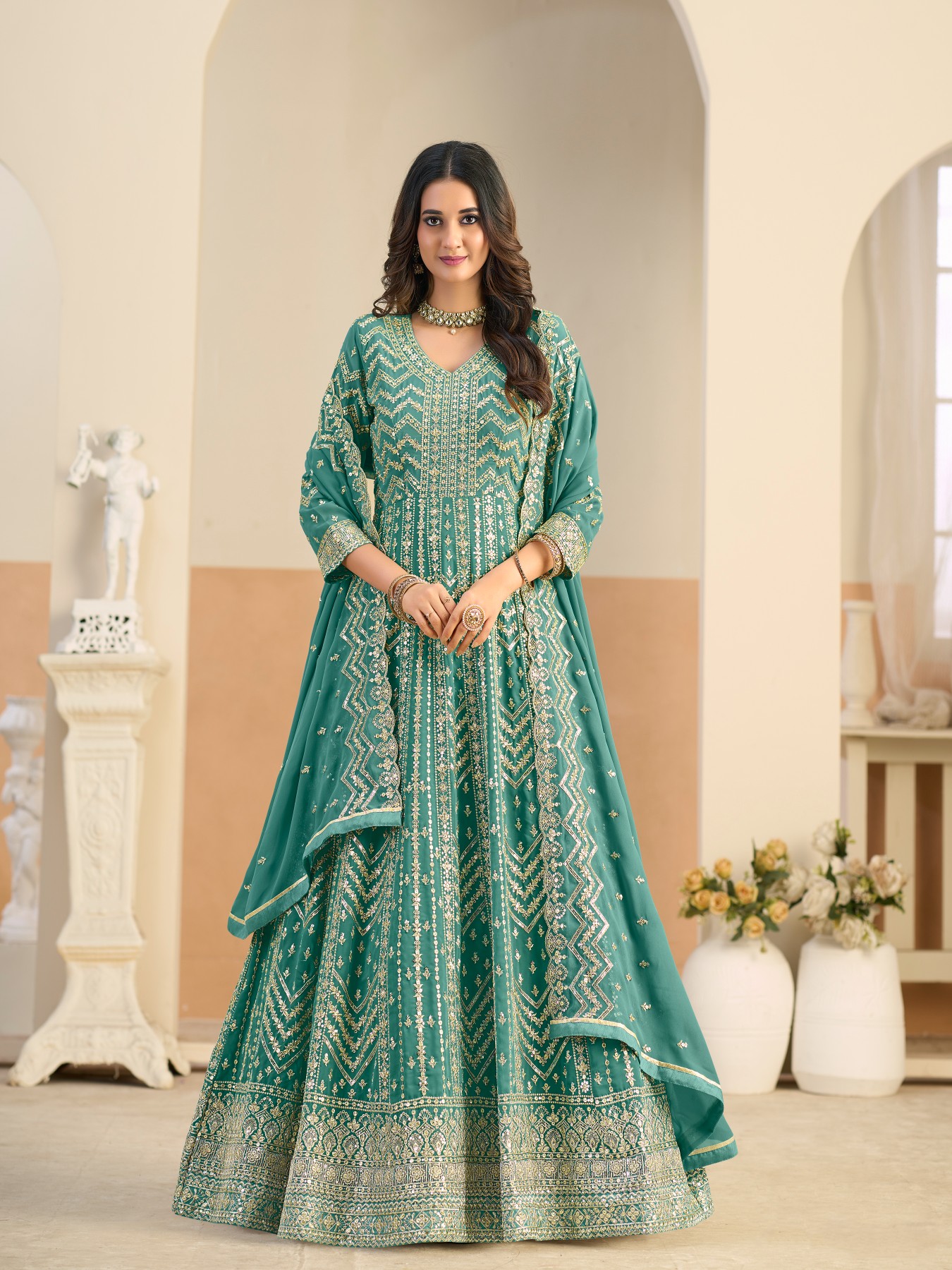 Teal Heavy Embroidery Faux Georgette Anarkali Suit